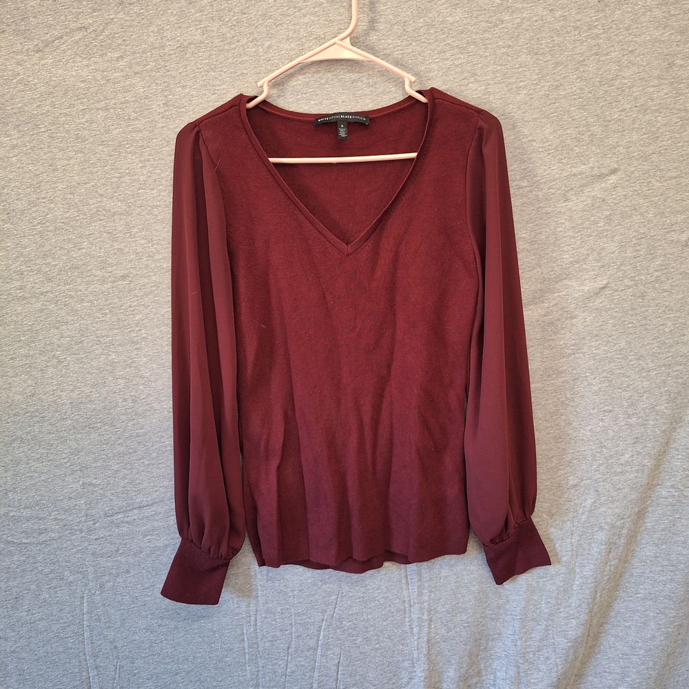 White House Black Market Size Small Burgundy Sheer Bishop Sleeve Sweater Blouse